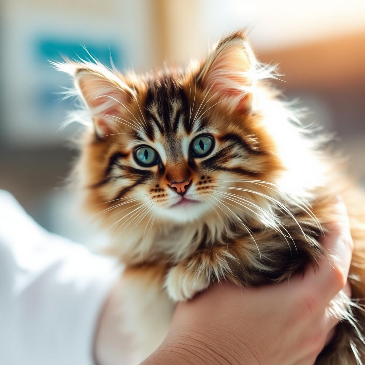 Pisică tabby pe masa de consultație, mângâiată blând
